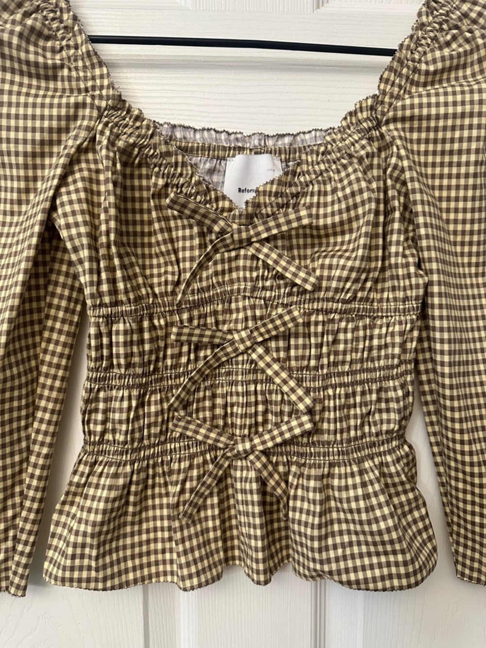 Reformation Beige Gingham Peplum Puff Sleeve Blouse - Picture 4 of 9
